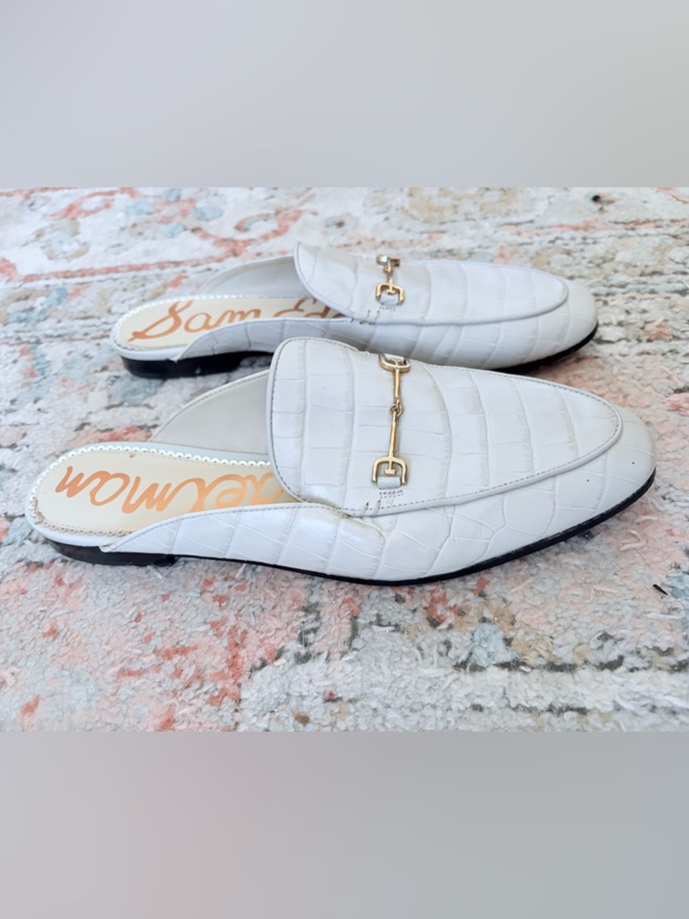 Sam Edelman Linnie Ivory Croc-Embossed Leather Horsebit Mules - Picture 2 of 4